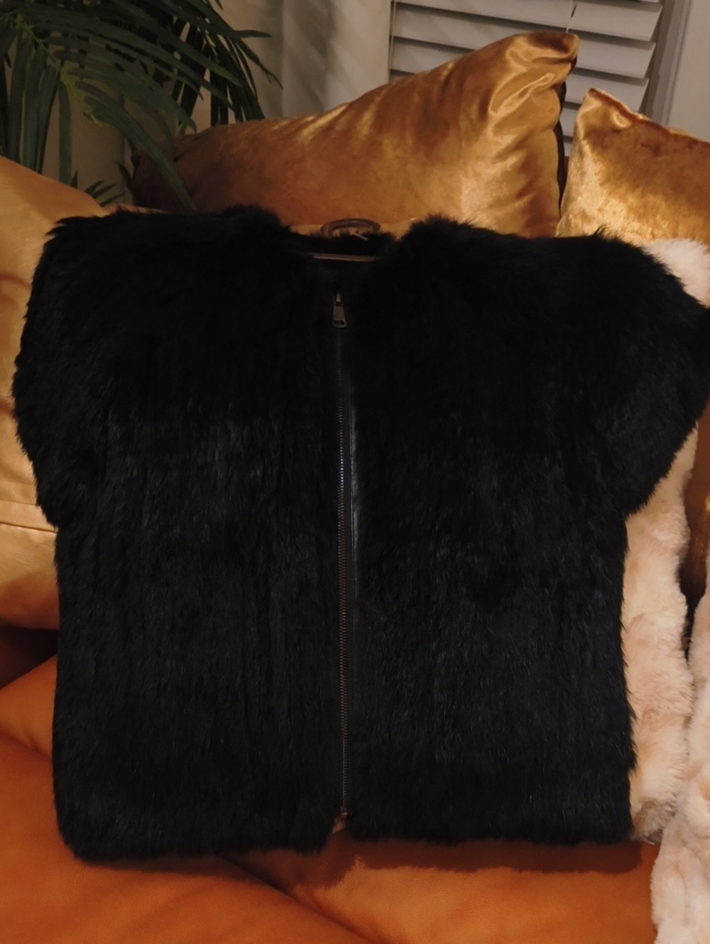 Black Rabbit Fur Vest Jacket with Zip - Women's Vest